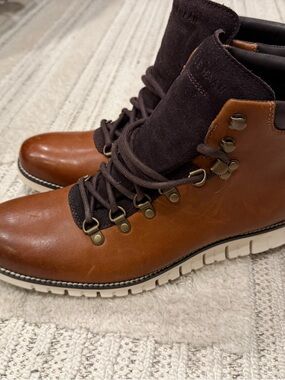 Cole Haan Tan Leather Hiking-Inspired Boots with Dark Brown Collar